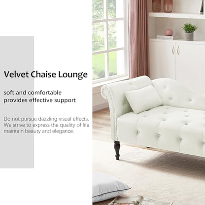 60" Modern Velvet Chaise Lounge Indoor,Upholstered Lounge Chair with Left Armrest and Lumbar Pillow, Button Tufted Lounge Sofa for Living Room Bedroom Office,Mini Chaise Longue Sofa (White) - color: White