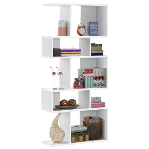 Giantex 5-Tier Geometric Bookshelf White, 70'' Tall Wood Freestanding Decorative Display Open Shelves with Anti-Tipping Device, Each Shelf Holds up to 44 lbs, Wooden S Shaped Bookcase - color: White
