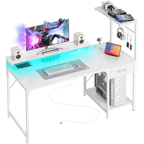 47.2 Inch Gaming Desk with LED Lights & Power Outlets | Computer Desk with Drawer & Storage Shelves, Office Writing Desk with Monitor Stand for Work from Home, White - color: White, size: 47.2 Inch