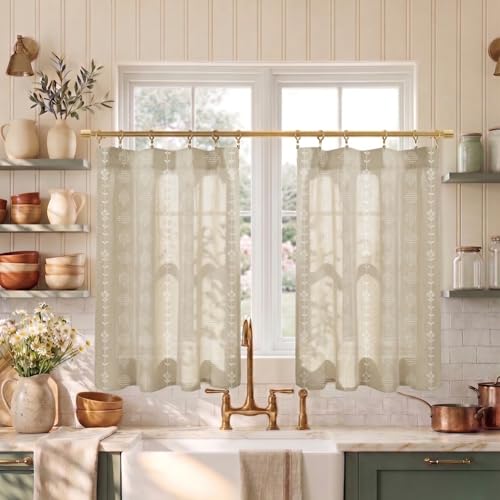 Lino Rosa Boho Farmhouse Tan Beige Linen Small Tier Cafe Curtains for Kitchen 36 Inches Long - color: Tan Beige, size: 24"W x 36"L (Pack of 2)
