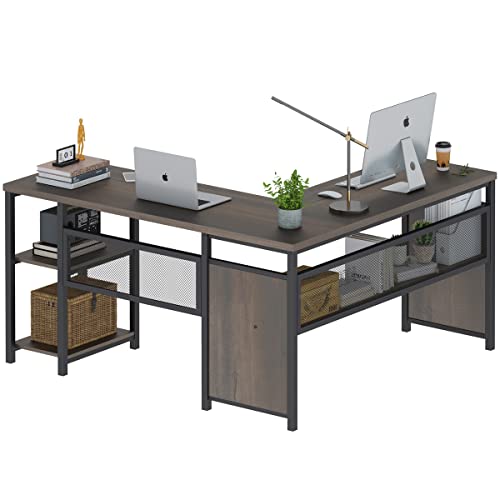 L Shaped Desk, Industrial Reversible Home Office Computer Desk with Wood Shelves, Corner Desks with Metal Legs (Walnut Brown, 59 Inch) - color: Walnut ,Brown,black