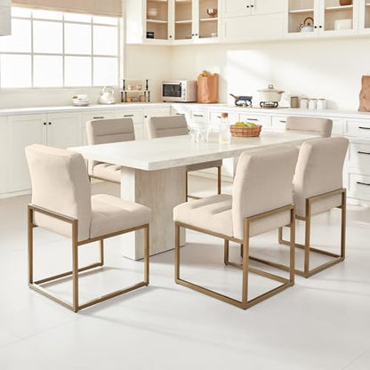 GrandNoor Modern Khaki Linen Fabric Dining Chairs Set of 2, Soft Thick Upholstered Kitchen Chairs with Gold Sturdy Metal Legs,Adjustable Foot Pads Dining Room Chairs - color: Khaki Linen, size: 2PCS Dining Chairs