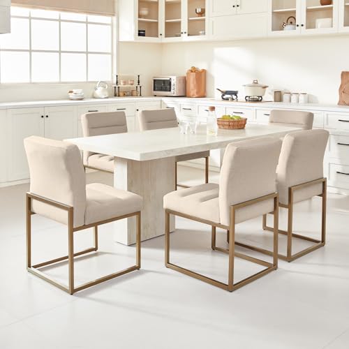GrandNoor Modern Khaki Linen Fabric Dining Chairs Set of 4, Soft Thick Upholstered Kitchen Chairs with Gold Sturdy Metal Legs,Adjustable Foot Pads Dining Room Chairs - color: Khaki Linen, size: 4PCS Dining Chairs