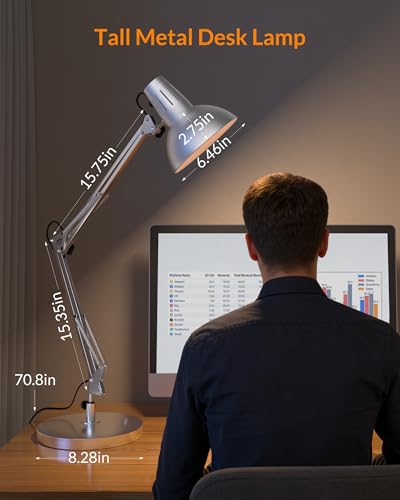 LEPOWER Metal Adjustable Desk Lamp with Clamp, Swing Arm for Home Office | Gooseneck, Architect Style, Eye-Caring Table Lamp, On/Off Switch, E26 Base, Reading for Dorm, Bedroom, Study, Back to School - color: Silver