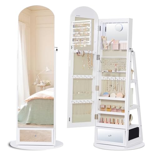 SONGMICS 360° Swivel Jewelry Cabinet, Full-Length Arched Mirror with LED Lights, Magnifying Mirror, Storage Shelves, Drawer, Cloud White UJJC030WB01 - color: White, style: Arched Mirror with Drawer