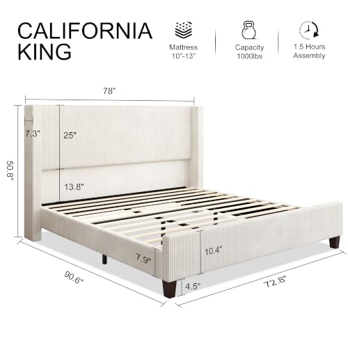 California King Size Bed Frame with Corduroy Wingback Headboard, Cream | Modern Upholstered Platform Bed, 50.8 Inch Tall Profile, Solid Wood Slats, No Box Spring Needed, Noise-Reducing Designrt - color: Cream, size: California King