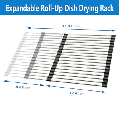 Expandable Roll Up Dish Drying Rack Over The Sink Rack, Foldable Dish Drainer Rack Stainless Steel for Large Sink, Silicone Rollable Collapsible Rack 18 Tube for Kitchen(Sliver,12'' to 21.14”) - color: Black+silver Expandable