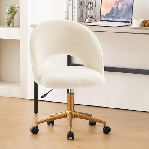 Furnimart Swivel Rolling Desk Chair, Adjustable Faux Fur Vanity Chair with Gold Legs, Cute Task Chair with Wheels for Living Room Bedroom Studying Small Places (Faux Fur White) - color: Faux Fur-white