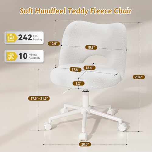 DurayLoly Vanity Chair with Open Back & Wheels,Armless | Fluffy Teddy Fabric ,Armless, Height Adjustable, for Makeup Room, Bedroom,Cream - color: Cream