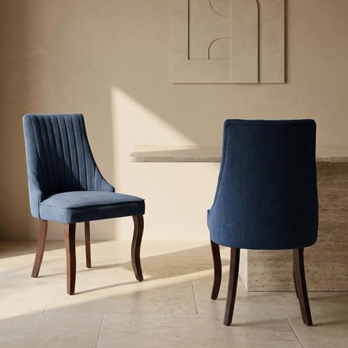 Upholstered Dining Chairs Set of 2, High Back Side Chairs for Kitchen and Dining Room, Mid-Century Modern Fabric Seating with Solid Wood Legs, Blue - color: Blue, size: Set of 2