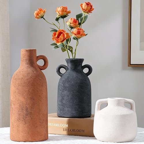 Ceramic Vase Set, 3Pcs Flower Vases for Modern Boho Farmhouse Decor, Decorative Vases for Pampas Grass & Dried Flowers, Distressed Finish - color: F