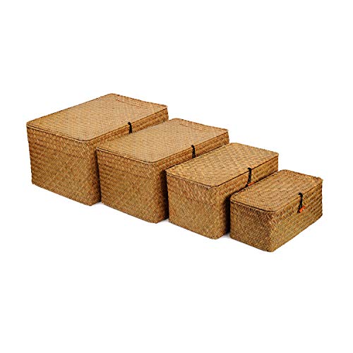 4 Pack, Wicker Baskets with Lids, Natural Seagrass Storage Baskets, Woven Rectangular Basket Bins, Rattan Storage Organizer for Shelf - color: Natural, size: Set of 4