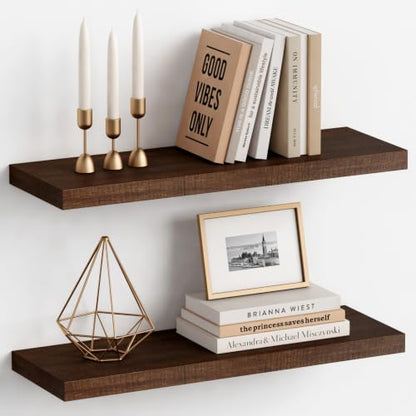 Harwaya 24 Inch Floating Shelves - Bathroom Shelves Wall Mounted | Rich Dark Wood Texture Patten | Ideal for Bedroom Office Kitchen Living Room Books Plants | 2-Pack - color: Walnut Brown