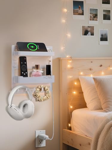 Bedside Wall Organizer Shelf Storage with Cable Clips, Dorm Room Must Haves | No Drill, Bed Floating Nightstand, Remote Control Holder, Key Holder, Preppy Collage Dorm Room Decor Essentials