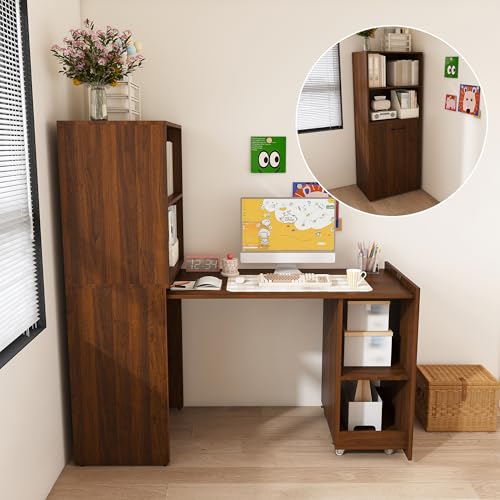 Foldable Office Desk, Fold Out Convertible Hidden Murphy Computer Desk with Storage Shelves, Multi-Function Folding Writing Table for for Small Spaces, Home Office (Walnut) - color: Walnut-a