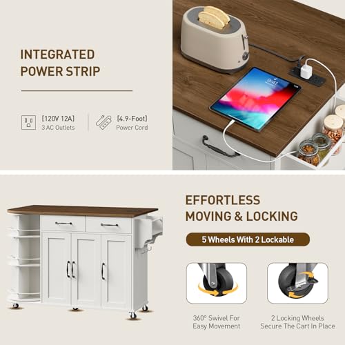 Kitchen Island with Power Outlet & Drop Leaf, Kitchen Rolling Island with Rotating Organizer, Kitchen Island Cart with Storage Cabinet, Mobile Island Table for Kitchen, White and Walnut - color: White + Walnut