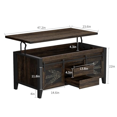 VFK 47.2" Lift Top Coffee Table with Hidden Compartment, Storage Drawers & Sliding Barn Doors, Farmhouse Rectangle Coffee Table for Living Room, Dark Brown - color: Dark Black