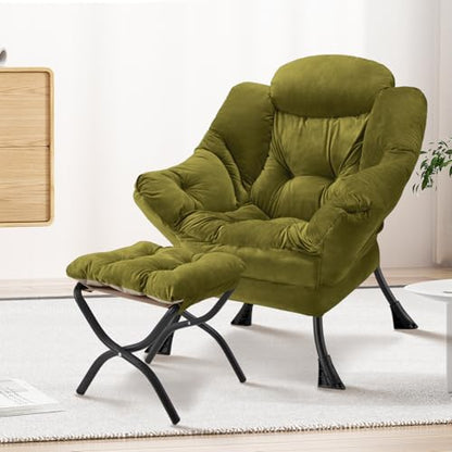 Lazy Chair with Folding Ottoman Modern Large Accent Chair,Contemporary Lounge Leisure Sofa Chair with Armrests Upholstered Sofa Armchair Reading Chair for Bedroom,Dorm & Office(Green-f) - color: Green