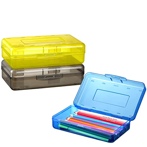 Sooez 3 Pack Pencil Case, Large Hard Pencil Box Bulk, Clear Crayon Box | Marker Pen Organizer, Plastic Storage Container with Snap Lid, Stackable Art Craft Organizer Back to School Supplies - color: Navy blue,Yellow,Dark gray