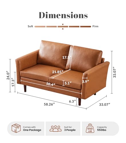 58" Faux Leather Loveseat Sofa, Mid Century Modern Leather Couch for Living Room, Small Love Seat for Small Spaces, 2-Seater Mini Sofa with Rolled Arms and Deep Seats, Easy Assembly, Mid Brown - color: Mid Brown, size: Loveseat