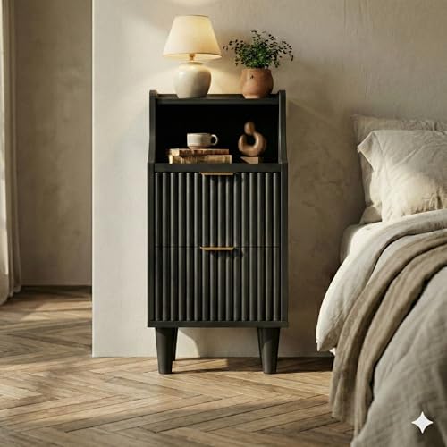 11.8" Narrow Fluted Nightstand Set of 2,Slim Side End Table with 2 Drawers,Black Modern Bedside Table,Skinny Night Stand for Bedroom,Small Space - color: Black
