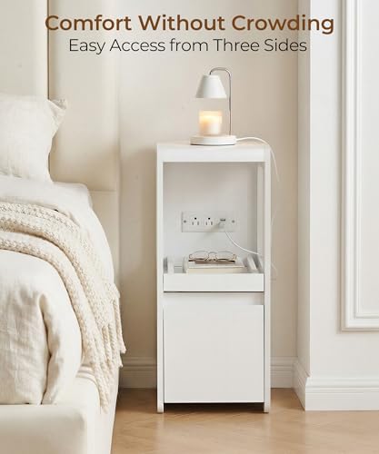 White Narrow Side Table, Slim End Table with Charging Station | Skinny nightstand with Drawers for couch, Wood, Modern, Sofa Bedside Table Tray for Living Room Bedroom Small Spaces, 8.9"W