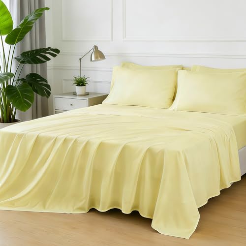 Full Sheet Sets, Cotton Blended Breathable Bed Sheets 4 Piece, Deep Pocket Up to 14", 1 Fitted Sheet, 1 Flat Sheet and 2 Pillowcases (Yellow, Full) - color: Yellow-4pcs Sheet Set, size: Full