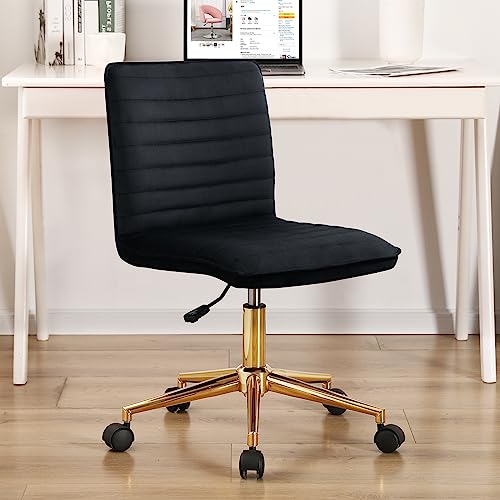 Furnimart Black Swivel Armless Desk Chair with Wheels, Small Velvet Upholstered Home Office Chair Mid-Back Adjustable Chair for Bedroom Dorm Living Room (Velvet-Black) - color: Velvet-black