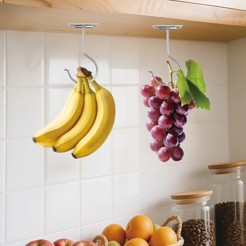 3Pcs Sliver Self-Adhesive Banana Hook, Grape Hook, Kitchen Fruit Hooks, Banana Hanger, Keep Bananas Fresh Under The Cabinet, with Magnetic Absorption Storage Perfect Design - color: Silver, size: 3PCS