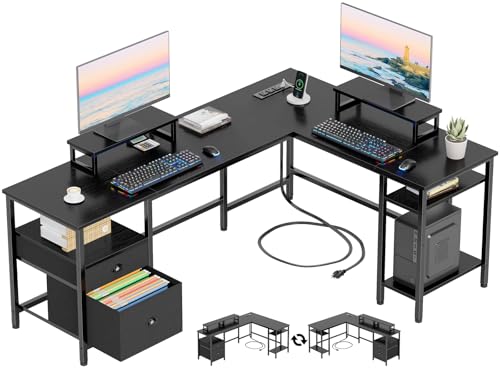 Furologee 66 Inch L Shaped Desk with 2 Drawers and Power Outlet, Black | Reversible Computer Home Office Desk, 2 Monitor Stands, Fabric File Cabinet, Storage Shelves for Corner Gaming Working Table - color: Black, size: 66 Inch