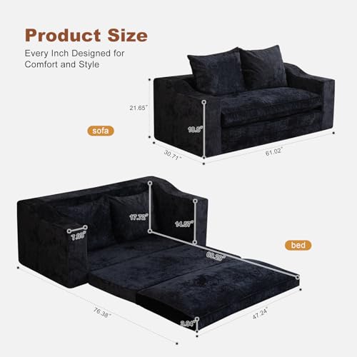 61" Boneless Loveseat Sleeper, Folding Sofa Bed, Diamond Velvet Cover,Black | Memory Foam Pull Out Futon Bed with Removable Washable Cover, Space-Saving Fold Out Couch for Living Room & Guest Room - color: Black