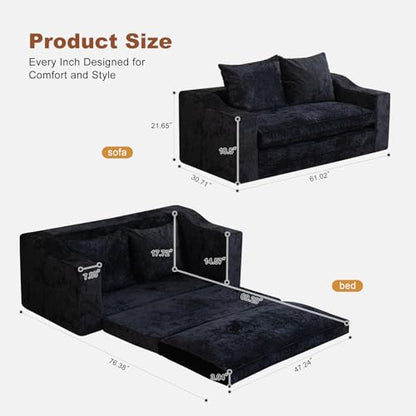 61" Boneless Loveseat Sleeper, Folding Sofa Bed, Diamond Velvet Cover,Black | Memory Foam Pull Out Futon Bed with Removable Washable Cover, Space-Saving Fold Out Couch for Living Room & Guest Room - color: Black