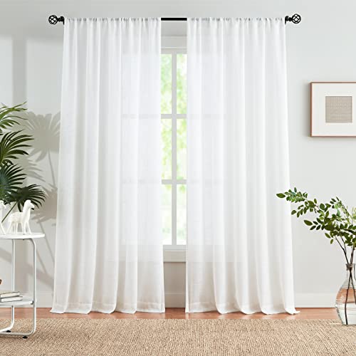 Treatmentex Linen Textured White Sheer Curtains for Living Room 84inch Long Light Filtering Semi Sheer Window Curtain Panels for Bedroom Sunroom Voile 52" w x 2 pcs Rod Pocket - color: White - Rod Pocket, size: 52"W x 84"L (Pack of 2)
