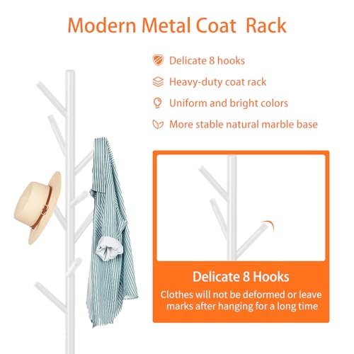 ZOZOE Coat Rack Stand with Marble Base,White Metal Coat Rack Freestanding | Coat Rack with 8 Hooks, Heavy Duty Modern Coat Stand,Clothes Tree Hanger Stand for Bags Hats in Hallway Entryway - color: White