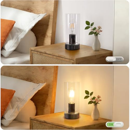 Shenmoyl Industrial Bedside Lamp with USB-A+C Charging Ports & AC Outlet, Small Touch Control Dimmable Table Lamp with Black Base Glass Shade for Bedroom, Nightstand, Dorm, Office, Desk - color: Black