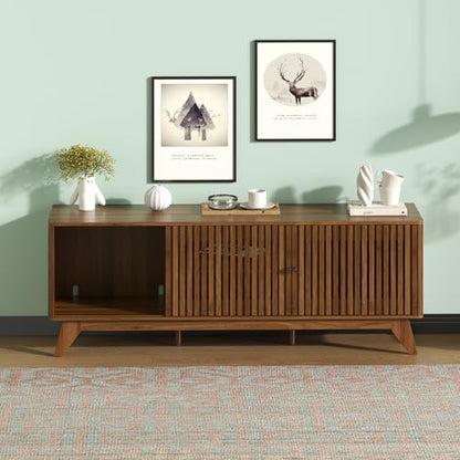 63" TV Stand, Media Console for TVs up to 70", Walnut | Mid-Century Modern Design, Fluted Sliding Doors, Storage Cabinets, Cable Management, Media Console for Living Room, Bedroom
