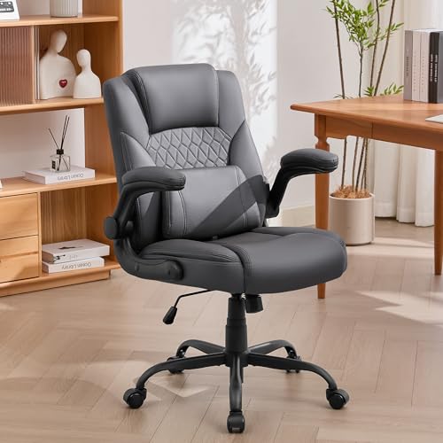 Home Leather Office Chair with Lumbar Support, 5" Padded Seat, Small Rocking Desk Chair, Comfy Computer Chairs with Rolling Wheels & Adjustable Arms for Adults, Grey - color: Grey