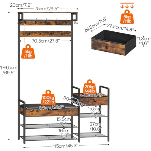 HOOBRO Hall Tree with Bench, Shoe and Coat Rack for Entryway, Coat Rack with Bench, Flip Top Storage Box, PU Cushioned Seat, Non-Woven Fabric Drawer, for Entrance, Rustic Brown and Black BF110MT01 - color: Rustic Brown + Black