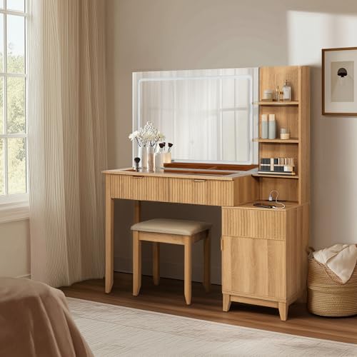 Vanity Desk with Stool, Mirror and Lights 3 Color, Makeup Vanity with Power Outlet, Dressing Table with Drawers, Storage Shelves, Adjustable Brightness, Naturel - color: Natural