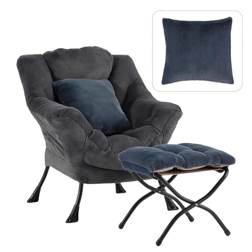 Lazy Chair with Ottoman, Plush Reading Chair with Pillow， Gray | Removable machine-washable cover; includes an extra throw pillow; cozy accent chair for living room, bedroom, dorm or office - color: Plush Blue-gray-1