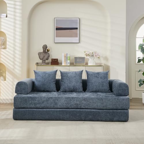 Convertible Folding Sofa Bed Modular Floor Couch, 78.8‘’ Cloud Sleeper Sofa with Removable Backrest, Chenille Foldable Mattress Couch, Lazy Loveseat for Small Space, Apartment, Bedroom, Blue - color: #3-blue