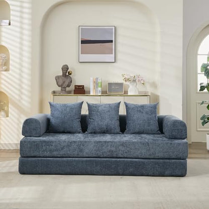 Convertible Folding Sofa Bed Modular Floor Couch, 78.8‘’ Cloud Sleeper Sofa with Removable Backrest, Chenille Foldable Mattress Couch, Lazy Loveseat for Small Space, Apartment, Bedroom, Blue - color: #3-blue