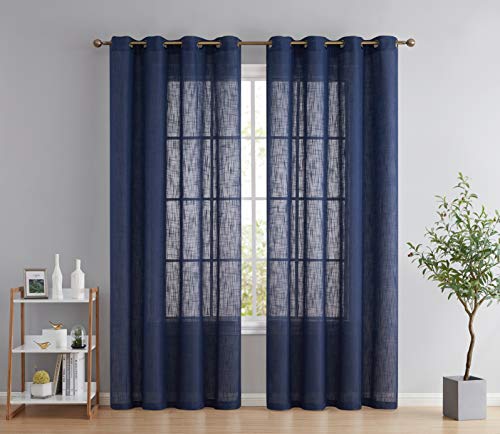 HLC.ME Abbey Faux Linen Textured Semi Sheer Privacy Sun Light Filtering Transparent Window Grommet Short Thick Curtains Drapery Panels for Bedroom & Living Room, 2 Panels (54 W x 63 L, Navy Blue) - color: Navy Blue, size: 54"W x 63"L (Pack of 2)
