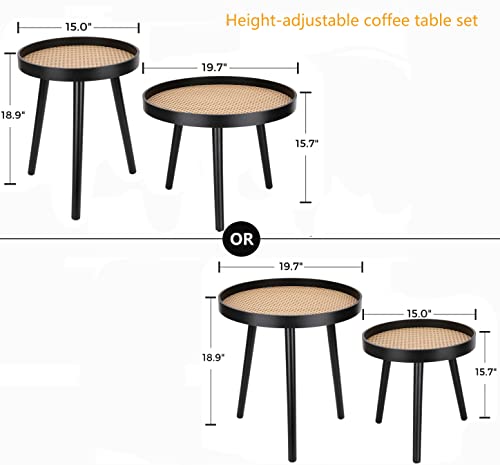 Rattan Round Side Table, Black Small End Table, Accent Table, Modern Boho Bedside Table, Mid-Century Patio Side Table, End Tables for Living Room Bedroom Office Balcony - color: Black-set