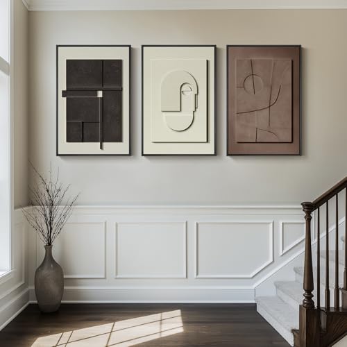 3D Textured Framed Abstract Wall Art, 3 Piece Modern Paintings Artwork for Walls, Black White Brown Geometric Sandstone Texture Pictures for Living Room Dining Room Bedroom Office Wall Decor 16x24 In | Texture Paintings, Minimalist Neutral Black White Bro