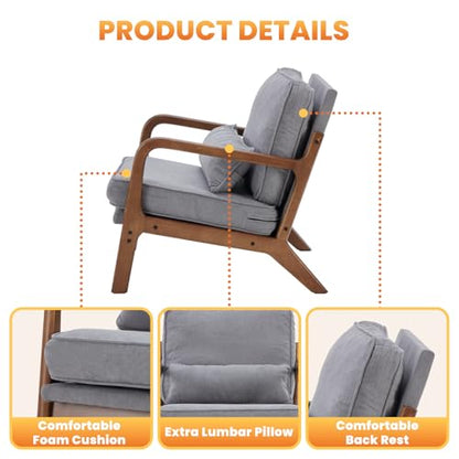 DUMOS Mid Century Modern Accent Chair, 16'' Seat Height Cozy Lounge Chair | Upholstered Armchair with Waist Cushion and Wood Frame for Living Room, Bedroom, Reading Nook, Balcony, Light Grey - color: Light Grey, size: 1 Pack