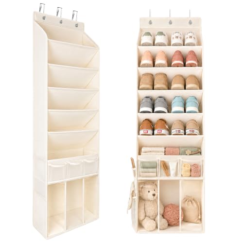 3in1 Over The Door Shoe Organizer with 5 Slanted Compartments,Removable Storage Bin & Transparent Pockets,Thickened Waterproof Oxford Fabric Shoes Rack for Shoes,Boots,Toys,Daily Essentials. (Beige) - color: Beige