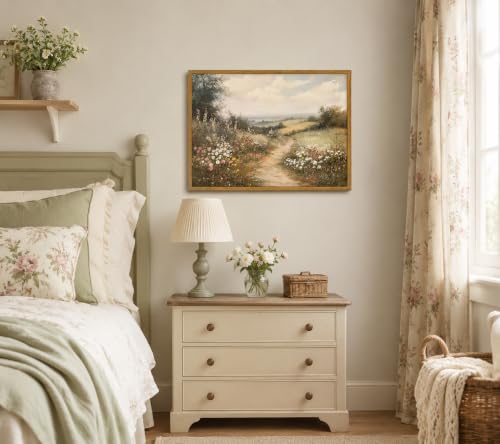 Framed Countryside Landscape Canvas Wall Art Print farmhouse Wildflower Meadow Poster Image Vintage Style Farmhouse Artwork for Gallery or Living Room Decor 12x16 Inch Ready to Hang - color: Colorful wildflowers country road, size: 12x16 Inch