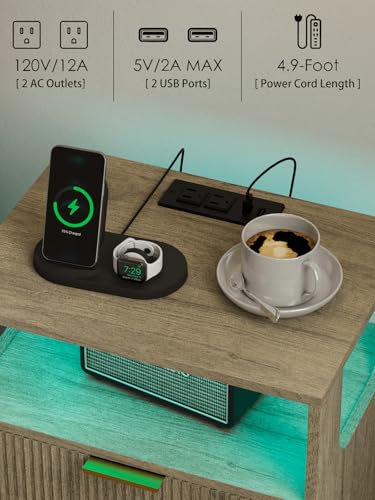 Leomonio Nightstand with Charging Station and LED Lights, Modern Bedside Table with 2 Storage Drawer and Open Wood Shelf for Bedroom and Small Spaces, Night Stand with Solid Wood Legs - color: Grey Oak-outlet