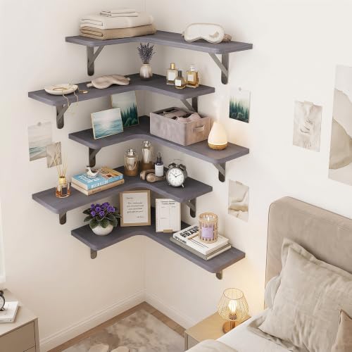 Fixwal Corner Floating Shelves Set of 5, Rustic Wood Wall Mounted Corner Shelf for Bathroom, Kitchen, Bedroom, Home Decor, Laundry Room, Living Room(Gray) | Solid wood shelf with metal brackets, holds 40 lbs. Optimizes corner storage. Fits bathroom, kitch